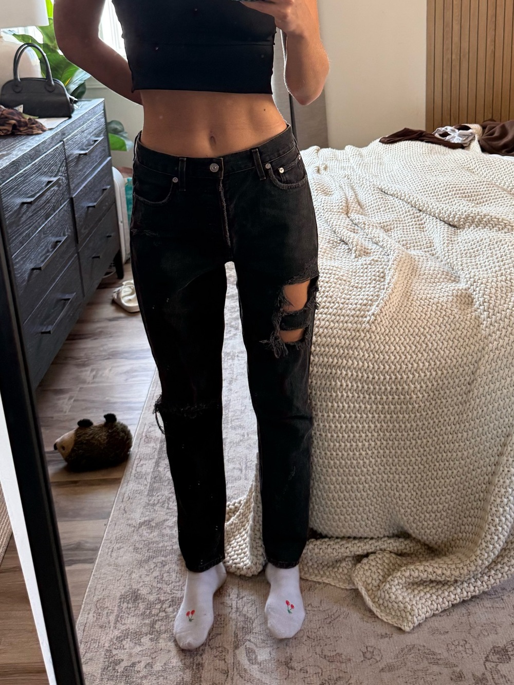 Agolde Black Distressed straight leg Boyfriend Jeans